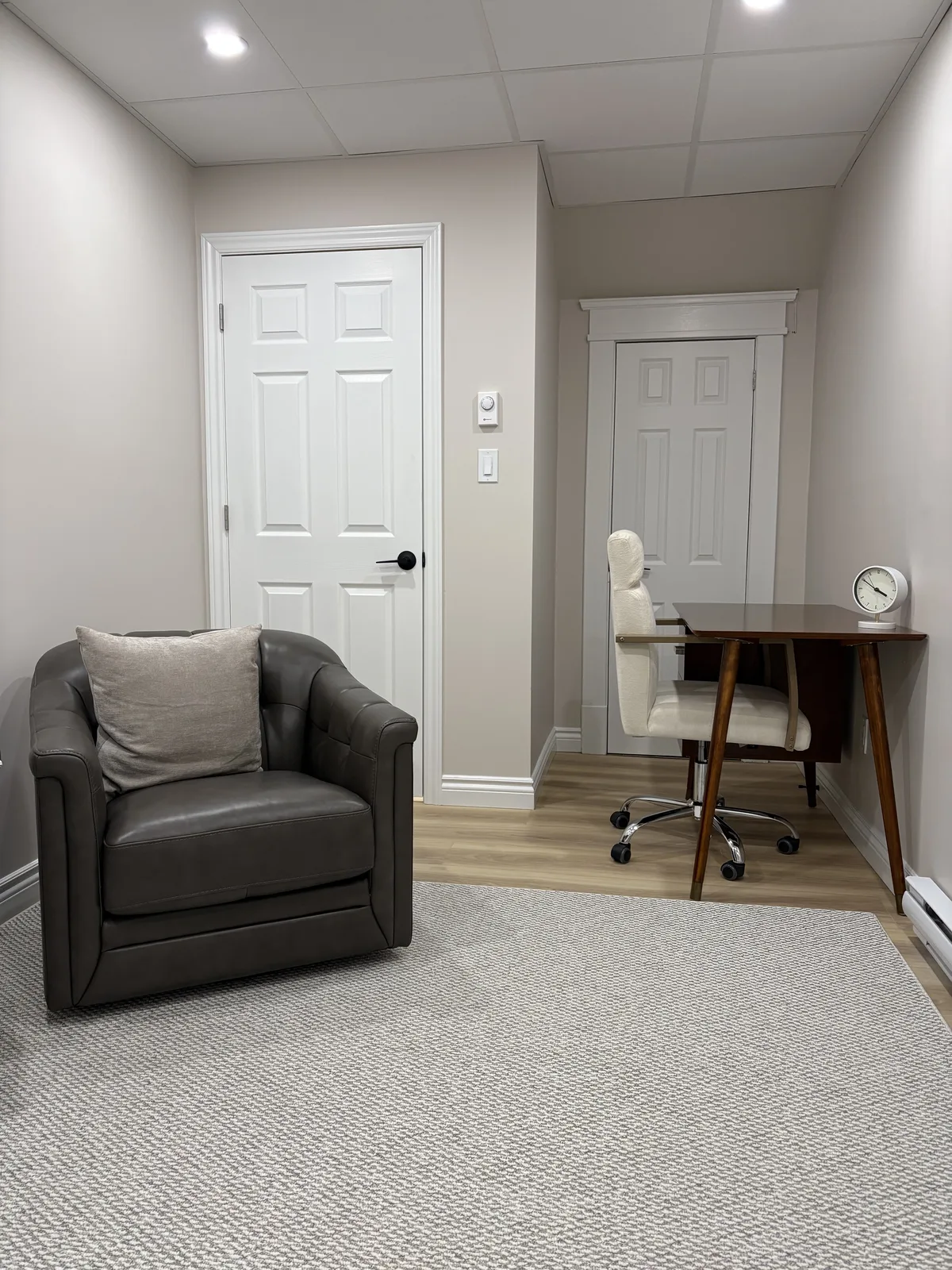 Commercial interior after renovation, set 1: finished walls, ceiling, lighting and flooring