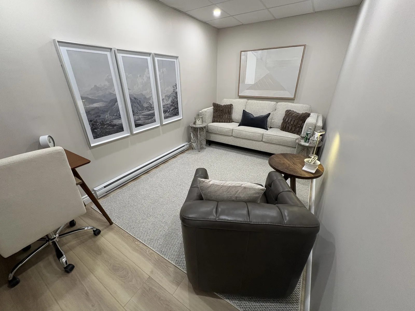 Commercial interior after renovation, set 2: finished walls, ceiling, lighting and flooring
